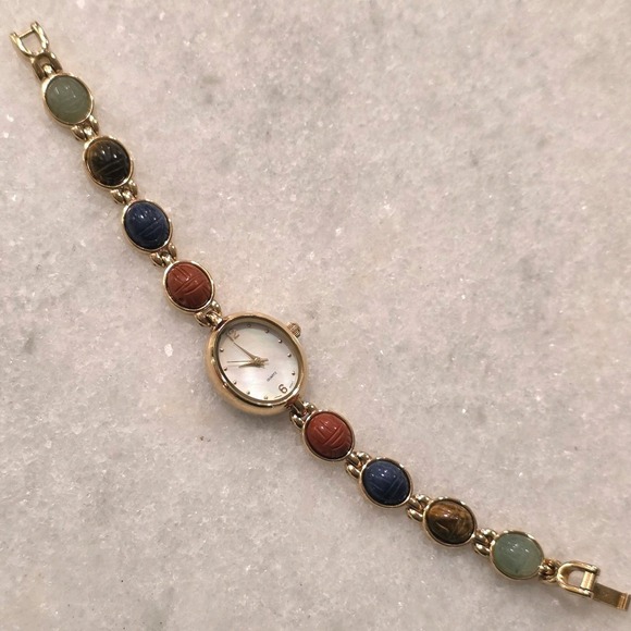Egyptian Revival Scarab Watch Multi-Stone Mother Of Pearl Small 6in Petite Wrist main image 11